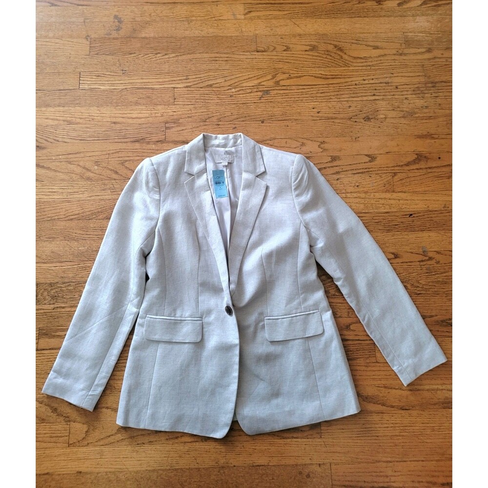 Loft Womens Gray Linen Blend Single Button Blazer Jacket Size 4 Petite NWT
